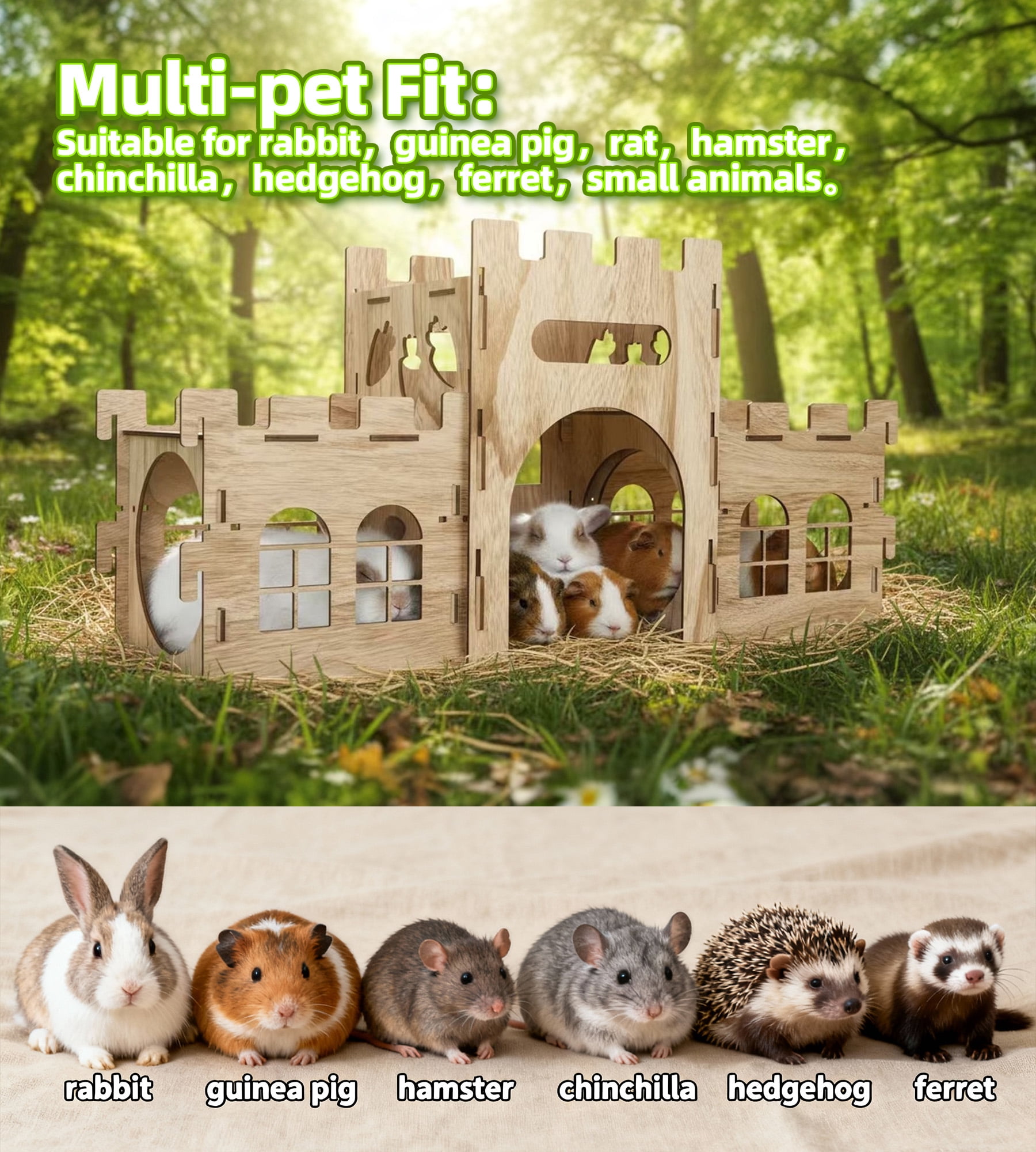 HIIMALEX Extra Large Bunny Castles Hideout Split Balcony for Indoor Bunnies Climbing Tower with Tunnel Sturdy House for Rabbits Ferrets Guinea Pigs Hamsters Ventilated Enrichment Toys Habitat