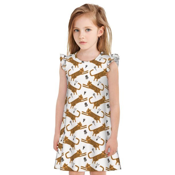 Balery Leopard Print Camisón de princesa para niñas, pijama de algodón con mangas abullonadas, suave y bonito.-Medium