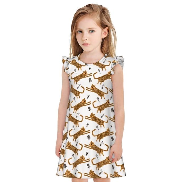 Fotbe Leopard Print Vestido de Dormir para Niñas de 3 a 10 Años, Mangas Cortas, Estilo Princesa, Pijama Camisón con Mangas Voladas-X-Large
