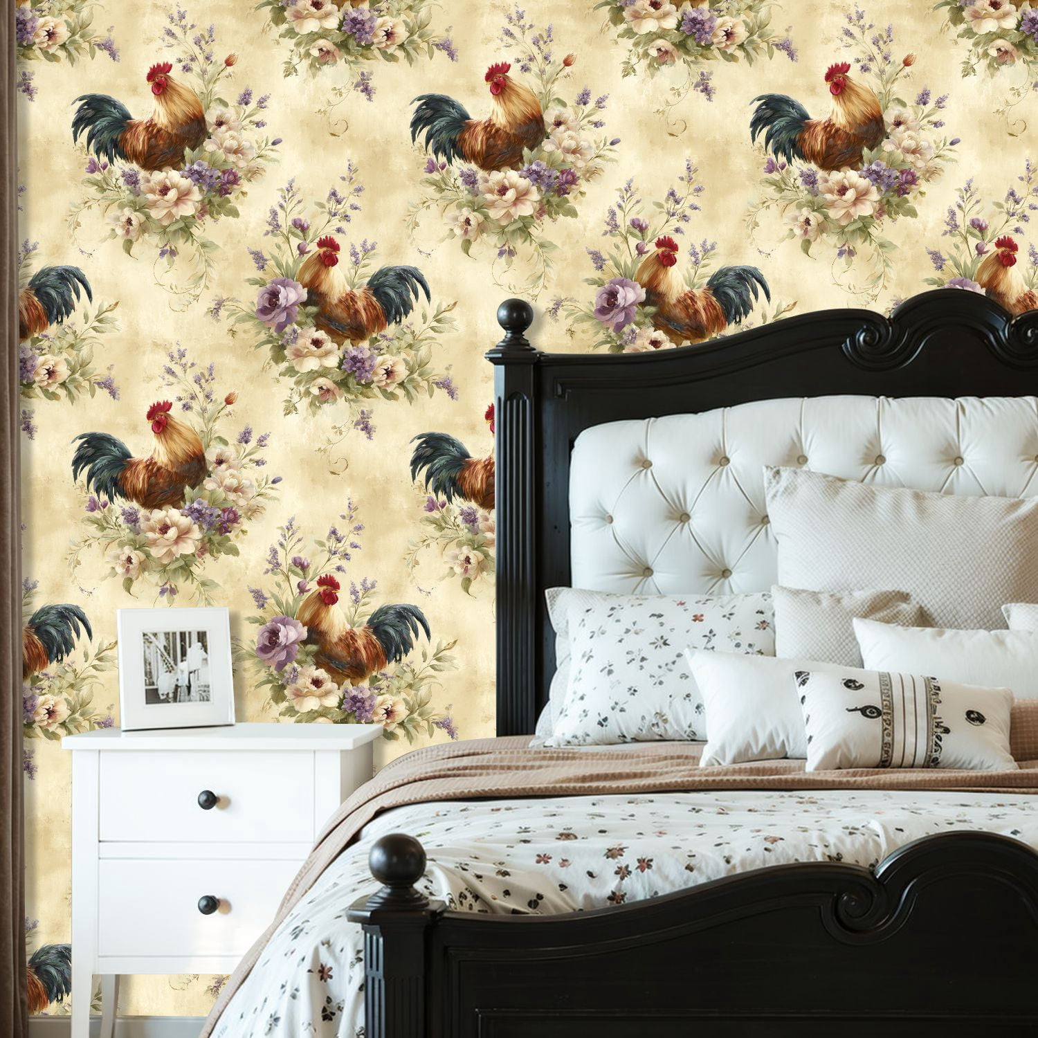 Peel and Stick Wallpaper 23.6in x 9.8ft Vintage Rooster Wildflower Country Pale Yellow Farmhouse Contact Paper Vinyl Waterproof Self Adhesive Wall Paper for Bedroom Shelf Cabinet Renter Friendly