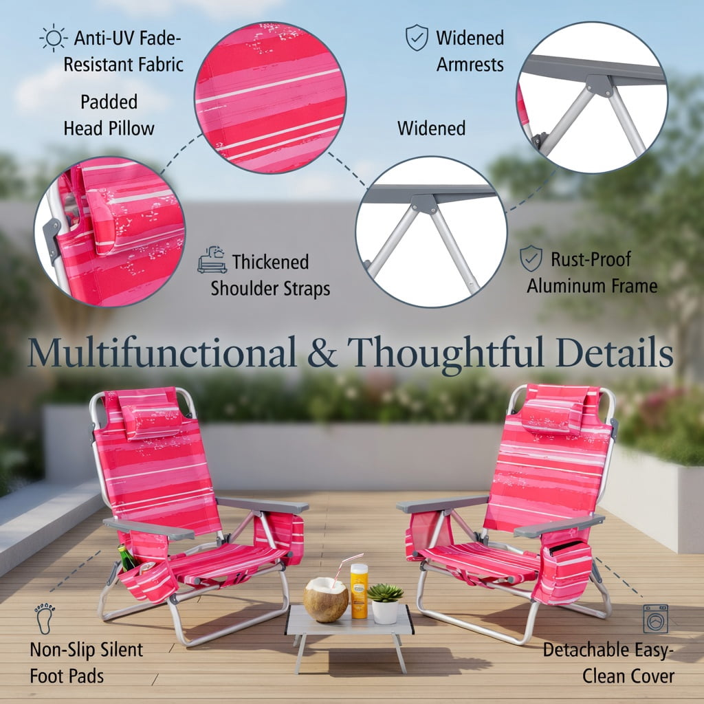Hommoo 2-Piece Portable Outdoor Folding Beach Chair Set with Side Table, 5-Position Reclining Aluminum Chairs + Compact Folding Table, Hot Pink