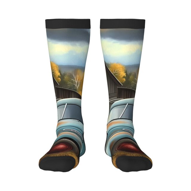 Fotbe Vintage Truck Farm Scene Calcetas Divertidas Estampadas para Hombre y Mujer, Calcetas de Algodón hasta la Rodilla para Caminar, Correr, Enfermería y Embarazo