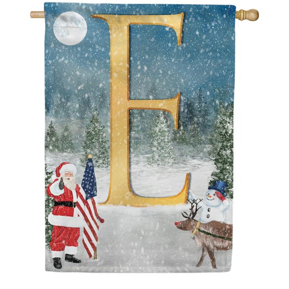 America Forever Monogram Christmas House Flag Letter E 28 x 40 inch Double Sided USA Patriotic Snowman and Santa Christmas Holiday Yard Outdoor Decoration