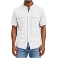 thumbnail image 4 of LIaqionyy Mens Cotton Linen Button down Shirts Casual Callarless Short Sleeve Shirt Summer Beach Tops with Pocket, 4 of 6