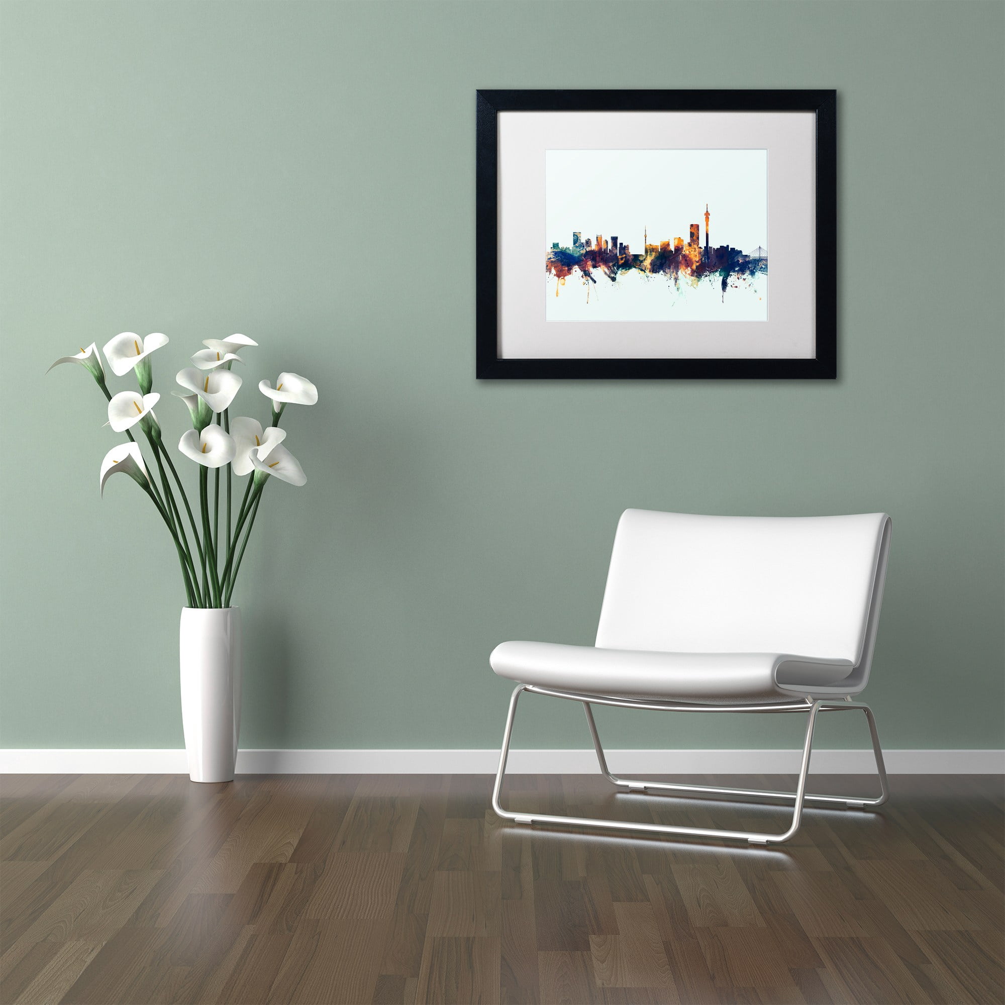 "Johannesburg Skyline Blue" Canvas Art by Michael Tompsett, White Matte, Black Frame