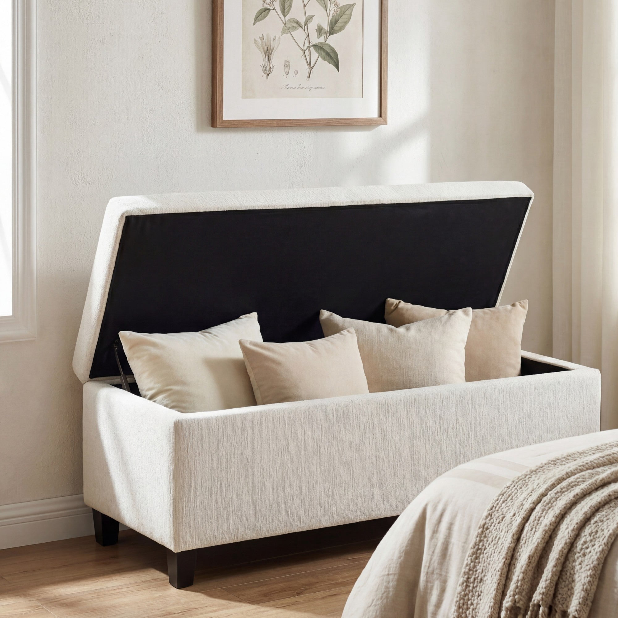 Sailvan 51" Upholstered Storage Ottoman Bench Boucle Entryway Bench with Wood Legs,End of Bed Seating for Bedroom,300lbs Cap White