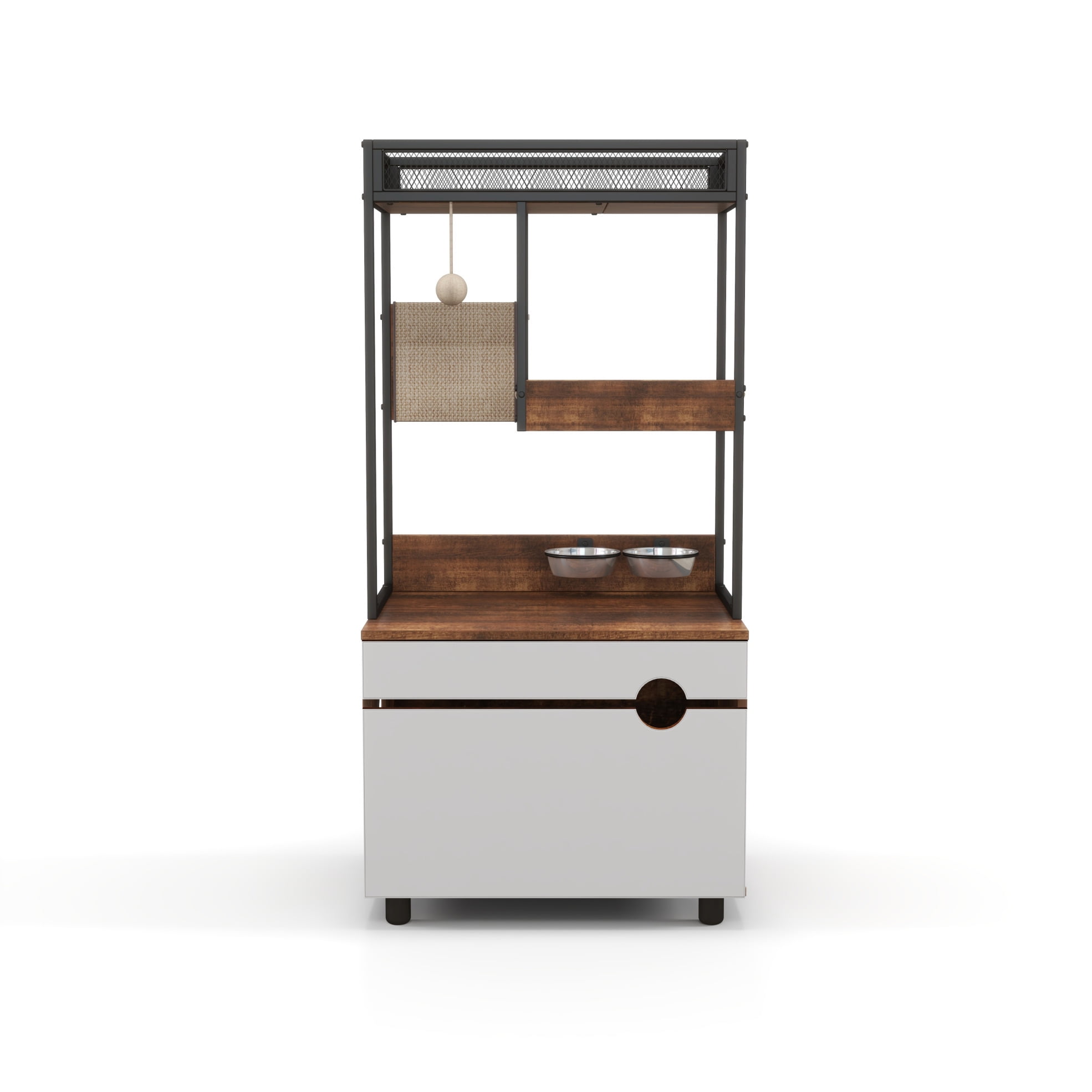 Hidden Cat Litter Box Enclosures with Cat Tree Tower,Cat Furniture with Scratching Pads and Large Storage Space,Industrial Cat Cabinet with Shelves and Doors,Rustic Brown