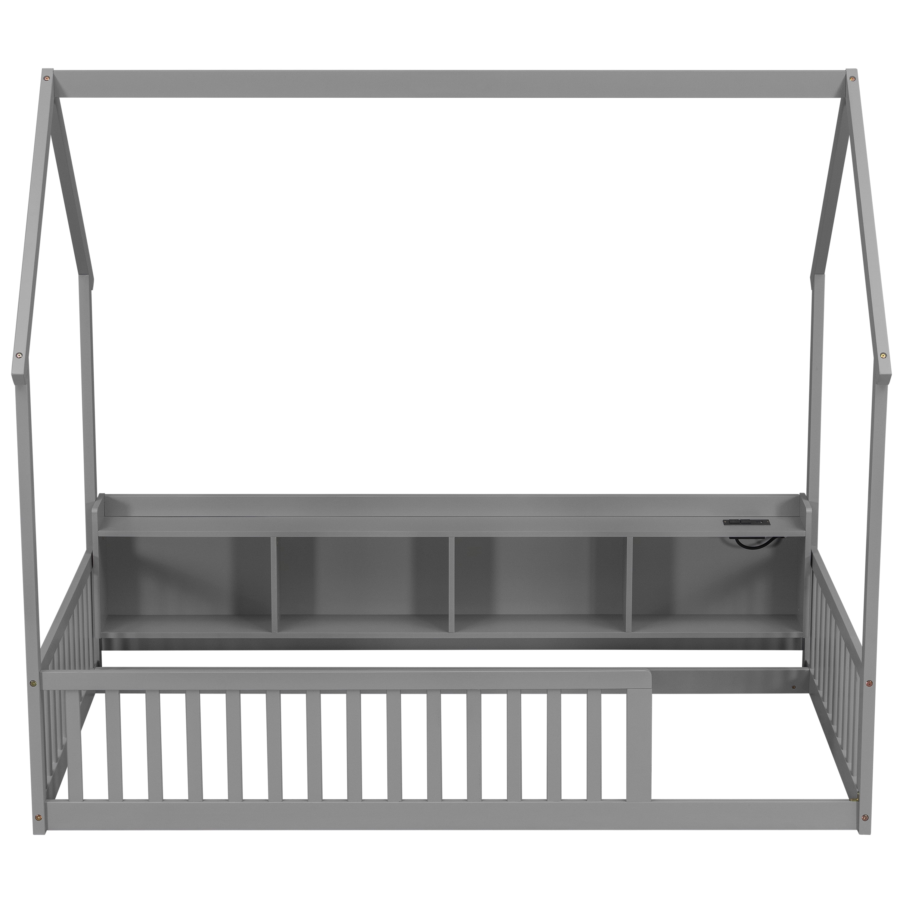 Floor Bed with House Design and Storage Shelves, Twin Pine Wood Platform Bed and Charging Station Bed Frame with LED Lights and Guardrails, Gray