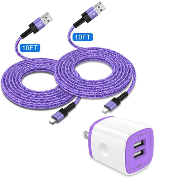 Zacenei iPhone Charger Block,1Pack 2.1A Dual USB Charger Blockw/ 2Pack iPhone Charging Cable 10ft Charger Cords USB Wall Charger Power Adapter Plug Fast Charging Block Compatible for iPhone 14 13 12