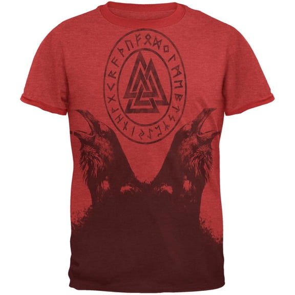 Huginn and Muninn Odin's Ravens Mens Ringer T Shirt Heather Red-Red X-LG