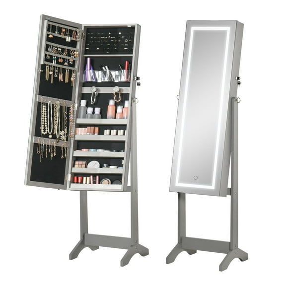 Jewelry Cabinet with Mirror, Floor Standing Organizer - Lockable Armoire with LED Lights, 100 Earring Slots, Grey