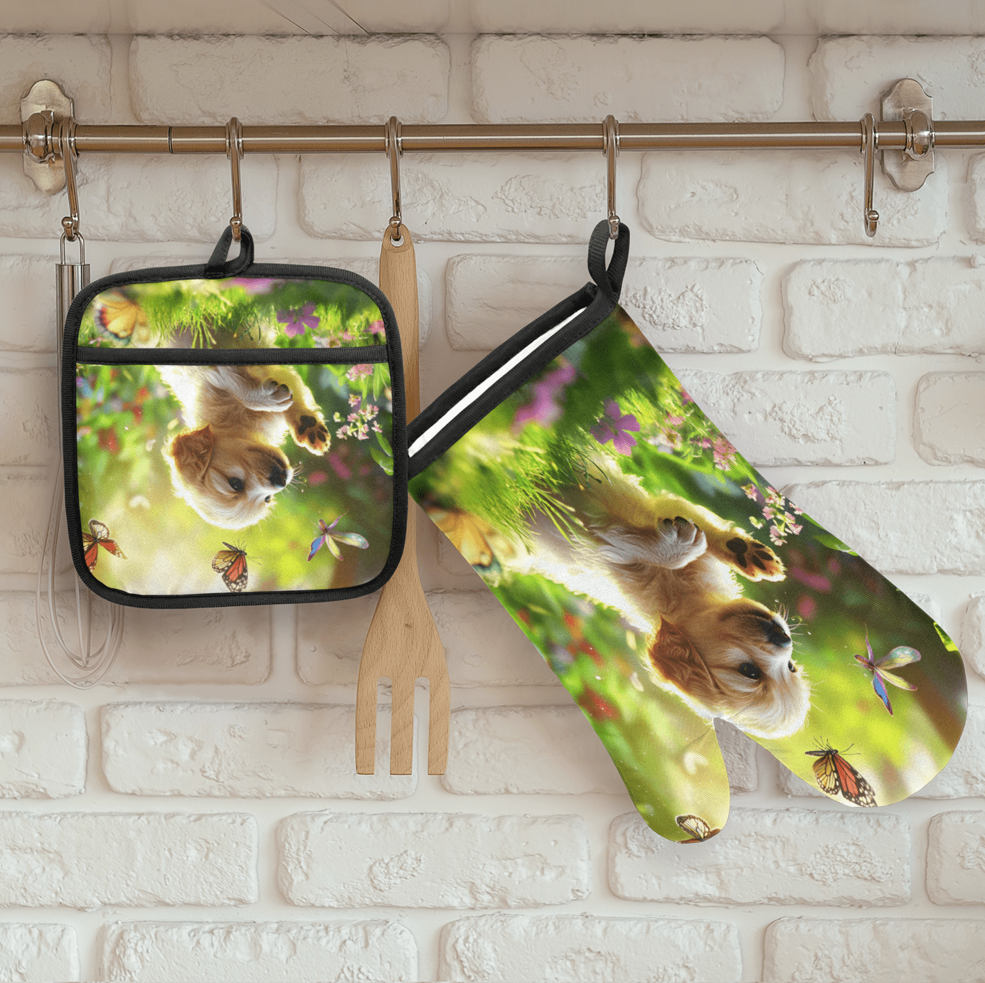 CURLYOOT Cute Dog Jungle Oven Mitts and Pot Holders Sets of 2, Non-Slip Washable Hot Pads and Oven Gloves for Kitchen Cooking Baking