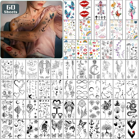 Small Temporary Tattoos for Woman or Girls, 60 Sheets Tiny Fake Tattoo Stickers, Colorful Black Beautiful Waterproof Removable Flower Moon Sun Heart Tattoos for Hand Arm Neck Finger