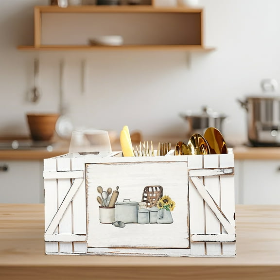 Grusce Kitchen Utensil Holder with 3 Compartments Wood Utensil Caddy Large Capacity Flatware Organizer for Forks Spoons Knives Spatulas