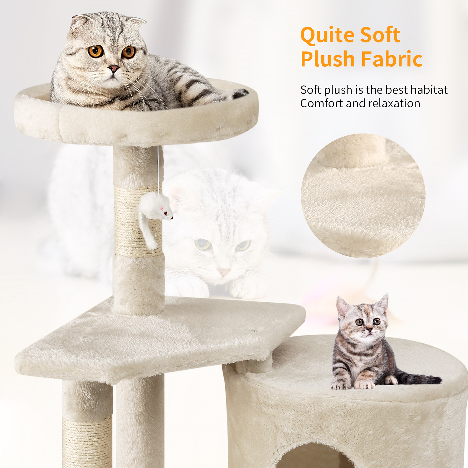 Dkelincs Cat Tree Tower 36 inch Tall Multi-Level Furniture Cat Tree Condo with Scratching Posts Perches for Indoor Play, Nap and Climbing, Beige