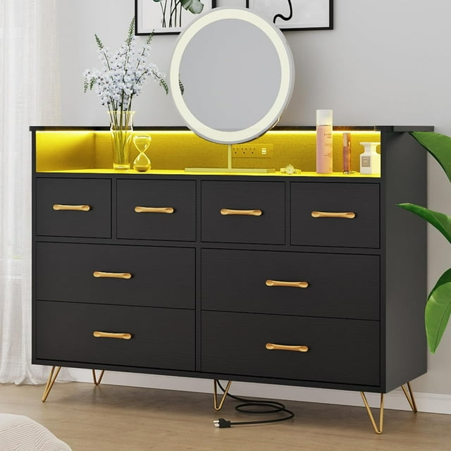 Commode Blanche à 8 Tiroirs avec Lumières DEL et Station de Recharge pour Chambre, Entrée