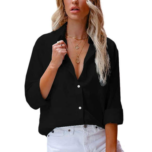 Sexy Dance Women Shirts Long Sleeve Blouse Button Down Tops Casual Tunic  Shirt Lapel Neck Black XL