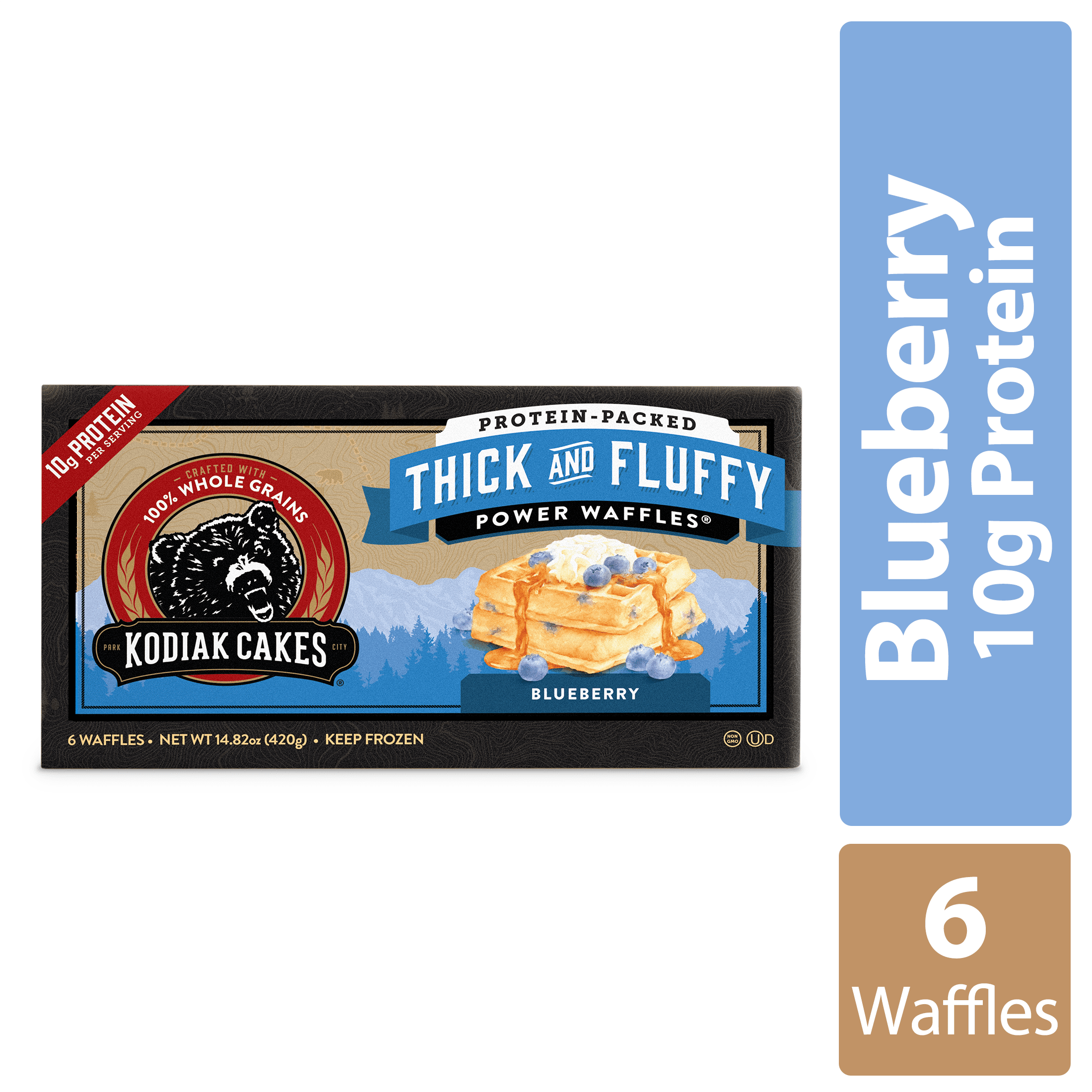 Kodiak Cakes Blueberry Thick & Fluffy Protein Waffles, 14.82oz, 6 CT Box (Frozen)