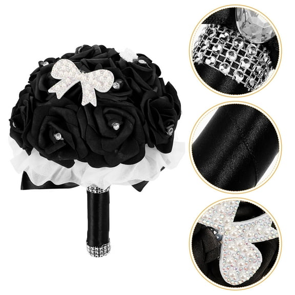 Faux Rose Wedding Bouquets for Bridesmaids Black Crystal Tossing Bouquet Bridal Ceremony Flower Decor Supply