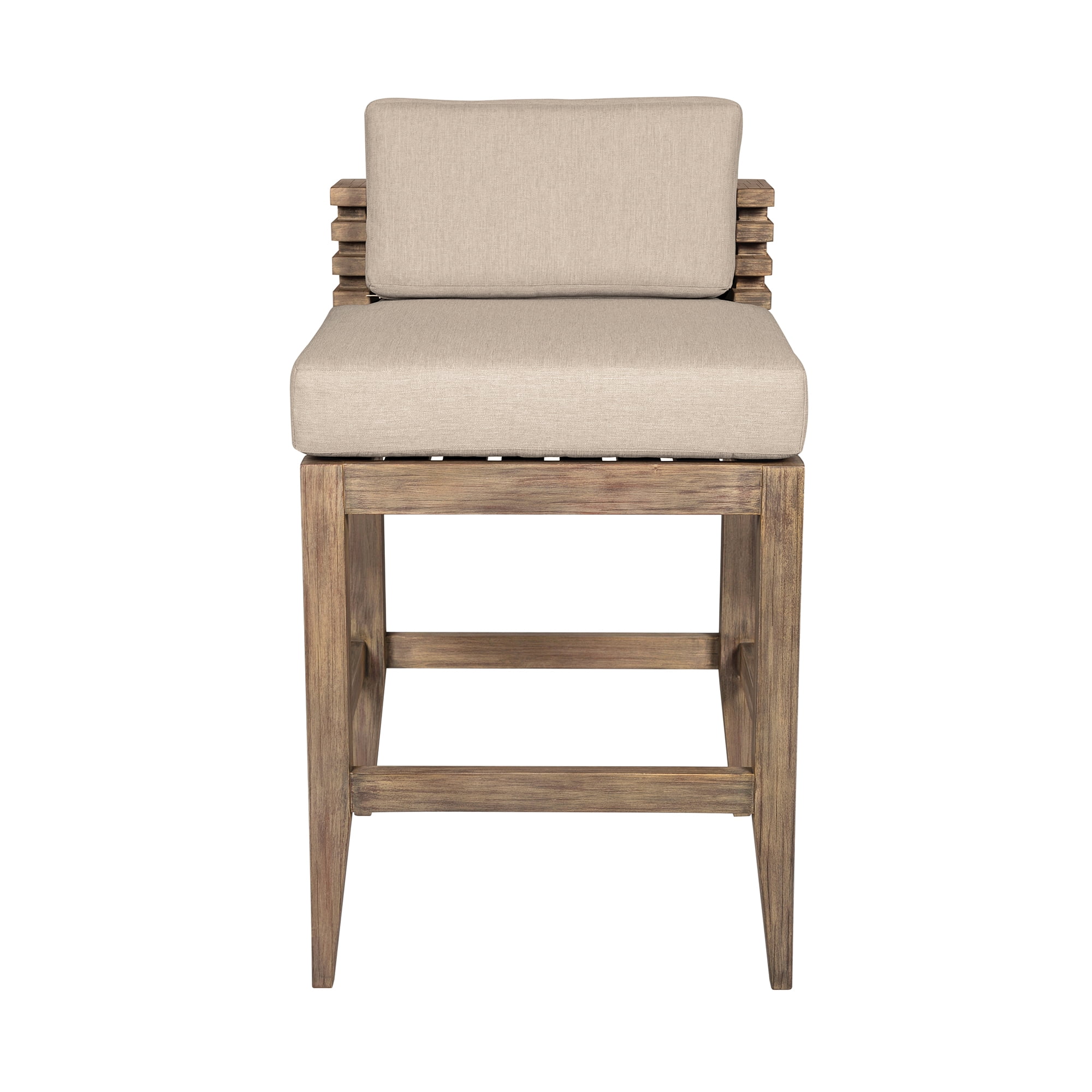 Vivid Outdoor Patio Counter Stool in Light Eucalyptus Wood with Taupe Olefin Cushions - Set of 2