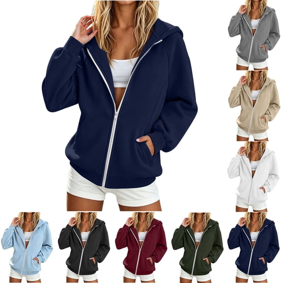 Xaqiouau Womens Solid Hoodies Fall Casual Long Sleeve Raglan Sleeve Full Zip Sweatshirt Loose Comfy Trendy Outer Tops with Side Pockets For Daily Athleisure Outfits Navy L