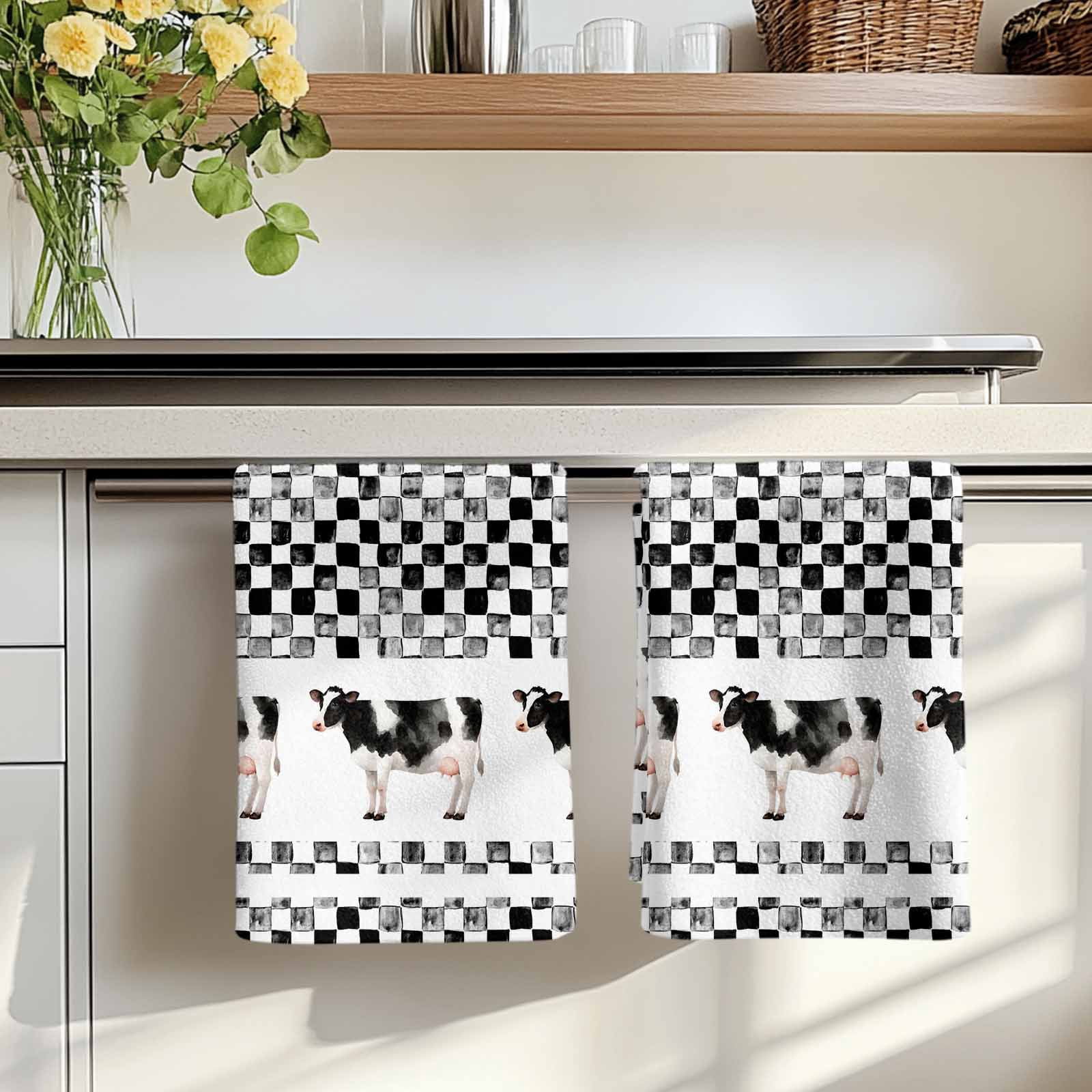Black Plaid Farmhouse Kitchen Towels Set of 1, Watercolor Cute Country Cow Checkered Absorbent Dish Towels for Kitchen, Microfiber Hand Towel, Quick Drying Tea Towel for Cleaning Dishcloths