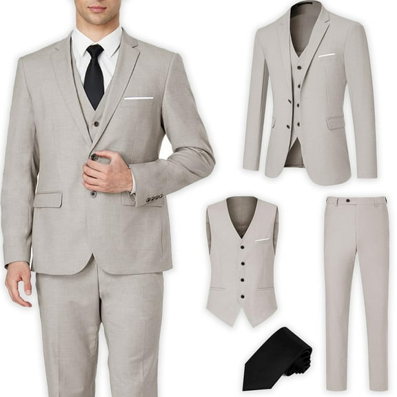 Men's Suit Slim Fit 3 Pieces Suit Set, Business Casual Suits for Men Two Button Soild Jacket Vest Pants Set with Tie