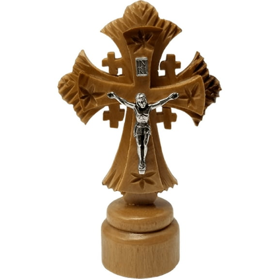Olive Wood Jerusalem Cross Crucifix on Stand - Small