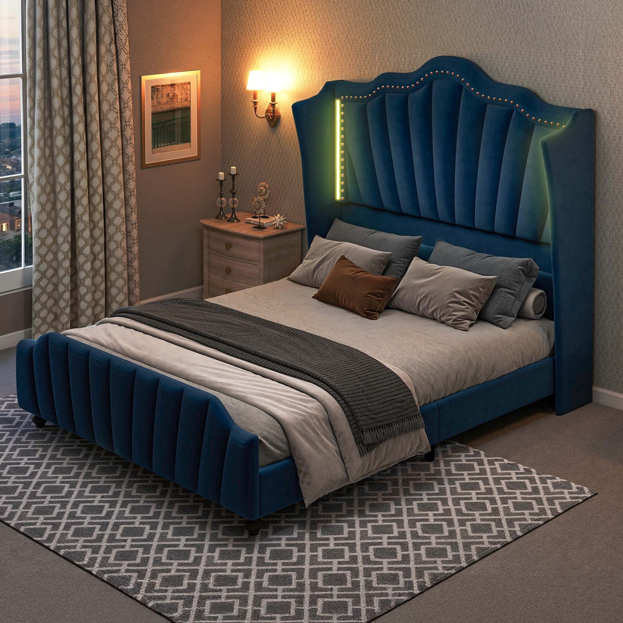 Uforic Upholstered Queen Size Platform Bed Frame with LED Lights & Tall Headboard & Footboard, Blue