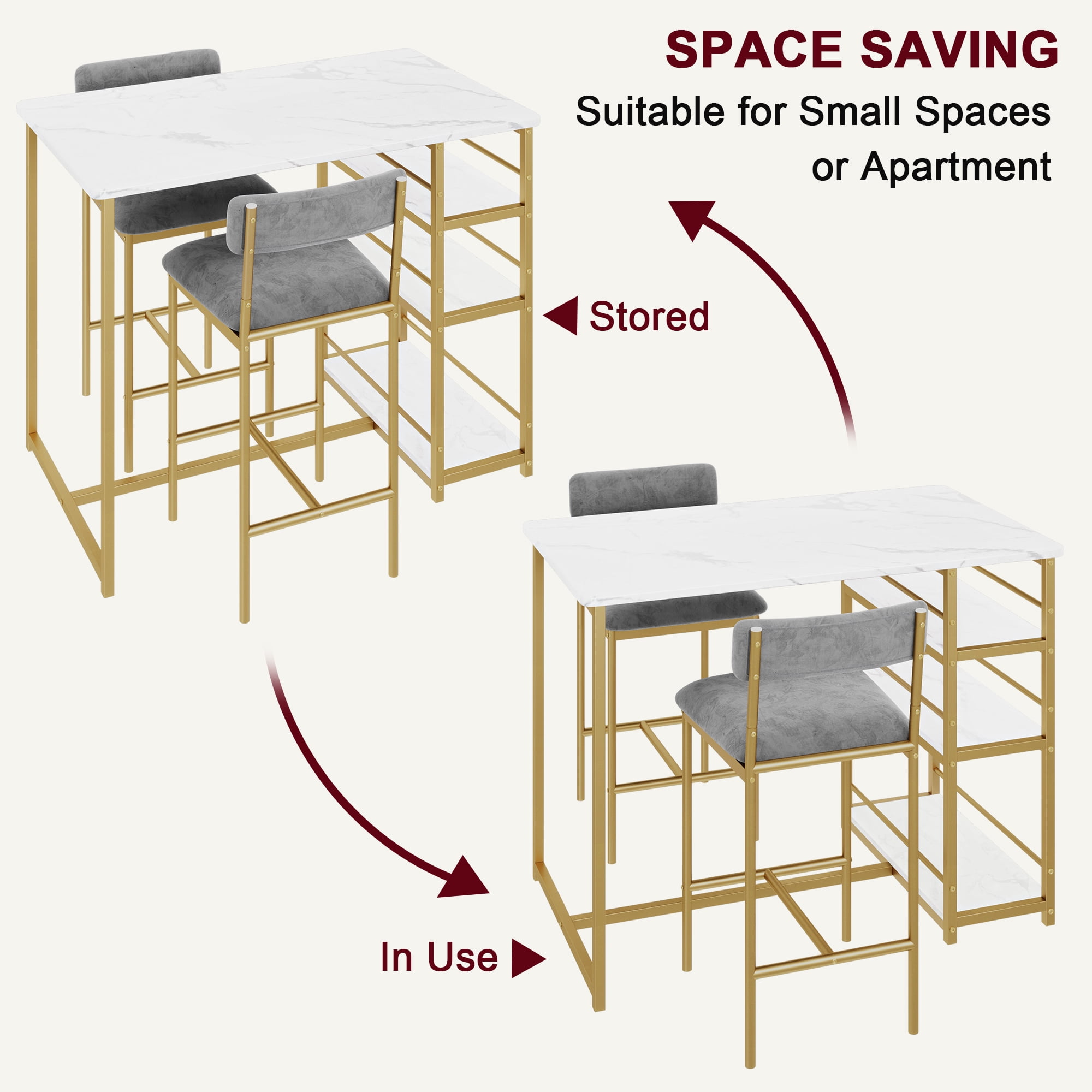 3 Piece Counter Height Dining Table Set for 2 with Velvet Upholstered Chairs and 3 Large Storage Shelves, Kitchen Bar Table Set for Small Space, Apartment, Gray Gold White