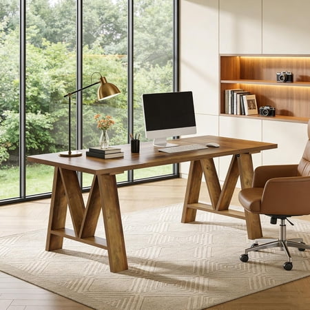 Tribesigns 63" Executive Desk, Farmhouse Wooden Office Computer Desk, Large Writing Table Workstation, Brown