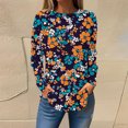 thumbnail image 2 of TFEOQRY Women's Floral Print Crew Neck Top Long Sleeve Pullover Casual Loose Fall Fashion Shirt Navy, 2 of 5
