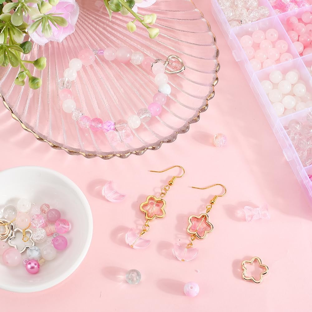 DIY Round Glass Beads & Seed Beads Dangle Earring Making Kits Pink 8x7.5mm Hole: 2mm 25pcs
