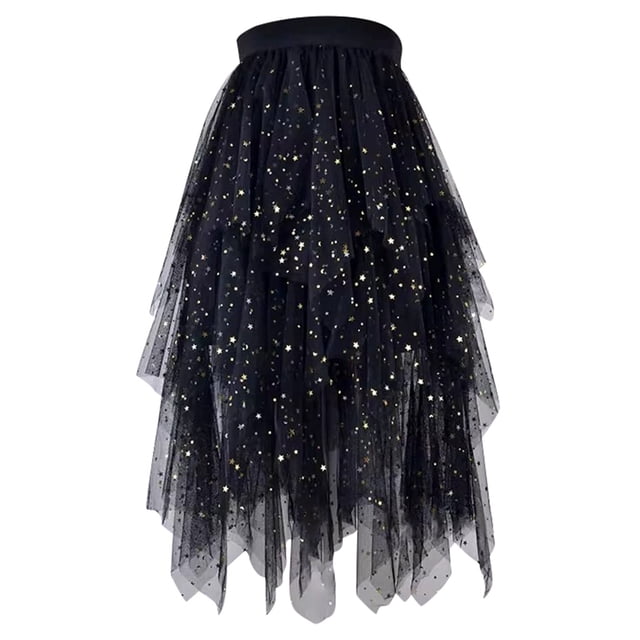 GPOECD Women's A Line Midi Skirt High Low Layered Puffy Fairy Tutu with Irregular Hem Design