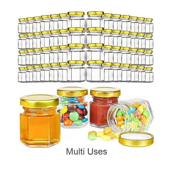 MEGICOT 60PCS Mini-Glass Honey Jar with Wooden Dipper Sticks and Gold Lids. Bee Charm Pendant, Jam Bottle, Small Honey Jars for Wedding and Party