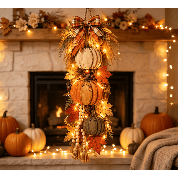 Rustic Wooden Pumpkin Door Hanging with Warm LED Lights, Farmhouse Fall Harvest Decor, Lighted Pumpkin Hanging Ornament for Front Door