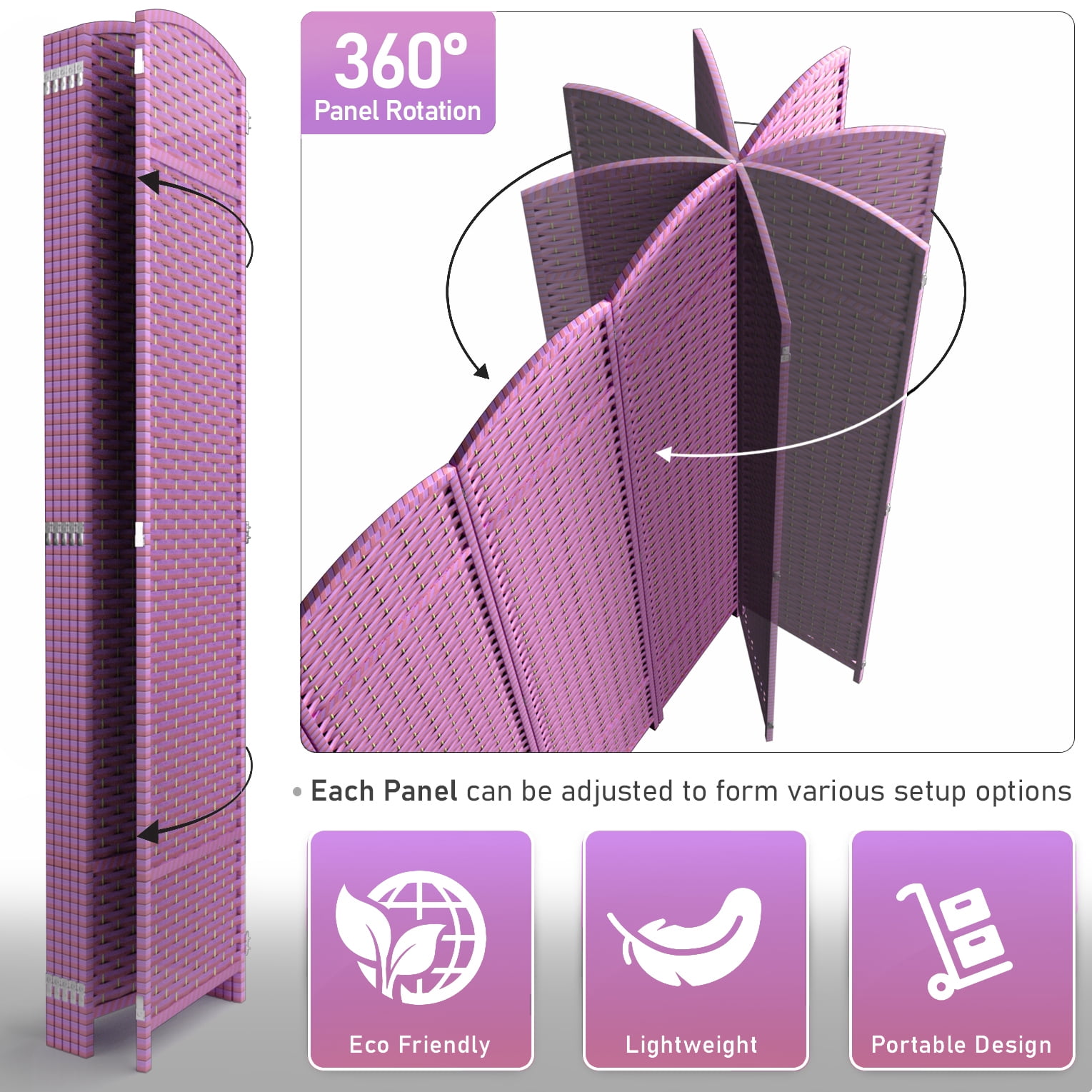 Sorbus 6-Panel Extra-Wide Folding Room Divider Privacy Screen, Hand-Woven Purple Mesh