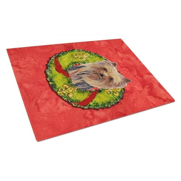 Yorkie Christmas Wreath Glass Cutting Board Large