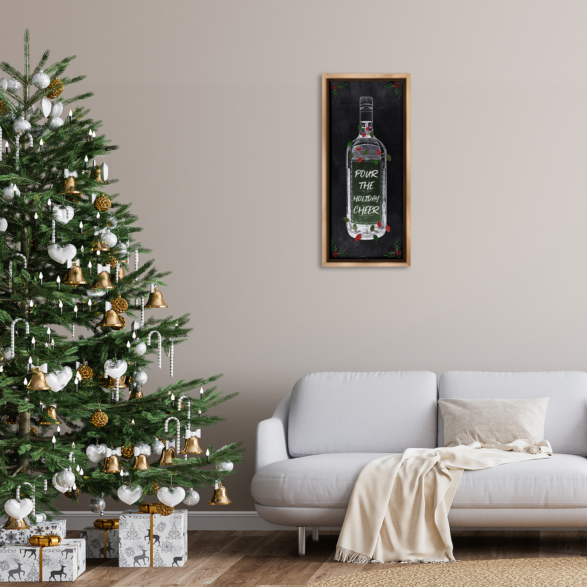 Stupell Industries Pour Holiday Cheer Bottle Holiday Painting Brown Floater Framed Canvas Art Prints Wall Art, 15 x 31