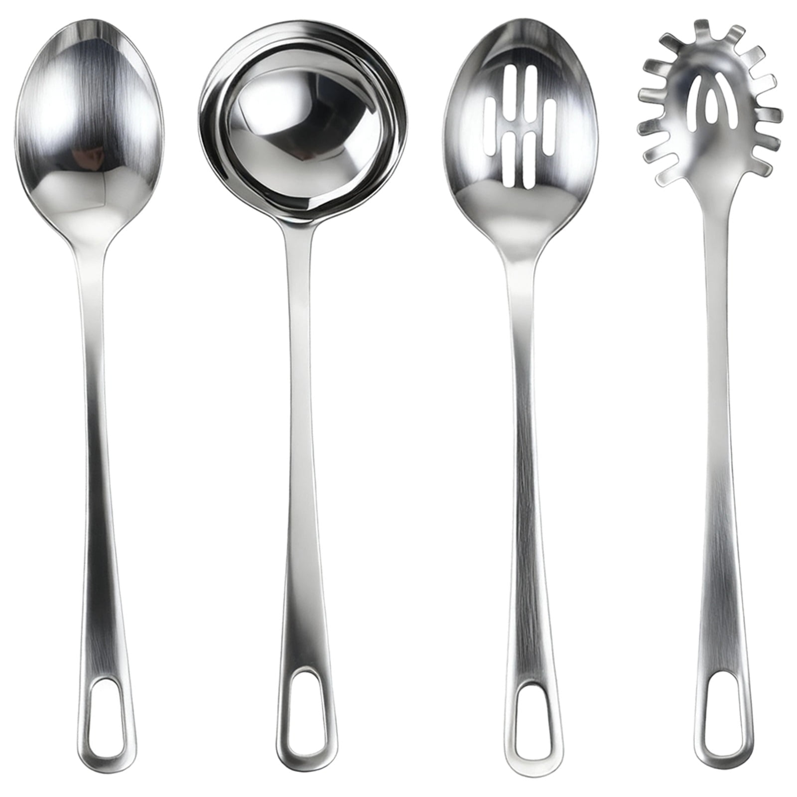 4 Pcs Stainless Steel Kitchen Utensils Set – Essential Cooking Tools with Long Handles, Includes Ladle, Slotted Spoon, Spaghetti Server & Solid Spoon, Rust-Resistant & Dishwasher Safe