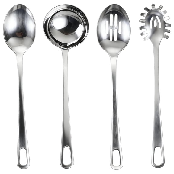 4 Pcs Stainless Steel Kitchen Utensils Set – Essential Cooking Tools with Long Handles, Includes Ladle, Slotted Spoon, Spaghetti Server & Solid Spoon, Rust-Resistant & Dishwasher Safe