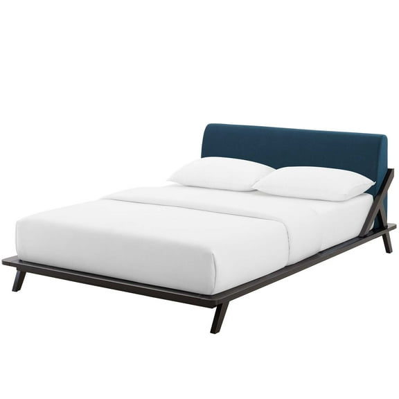 Modern Contemporary Urban Design Bedroom Queen Size Platform Bed Frame, Wood Fabric, Natural Brown Blue