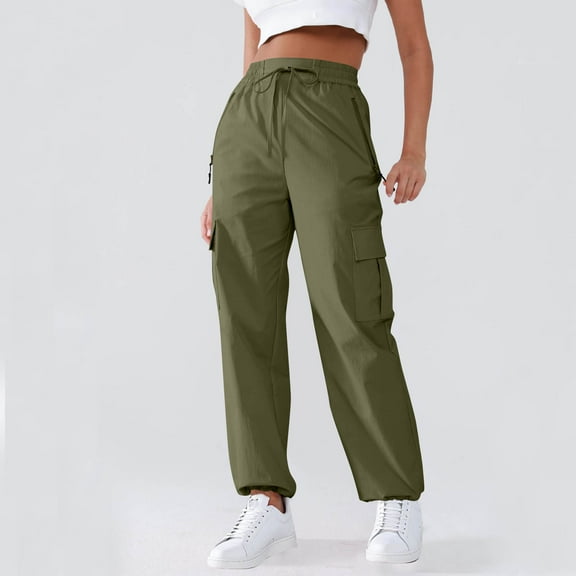 Roncen Women's Solid Cargo Pants - Elastic Waist with Drawstring & Zipper Pockets, Casual Stretch Trousers for Comfort Fit