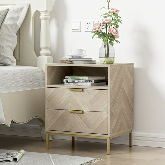 Eumyviv Wood Nightstand, Herringbone Pattern End Table with 2 Drawer and One Open Shelf, Wooden Storage Cabinet for Living Room Bedroom, Oak H0103