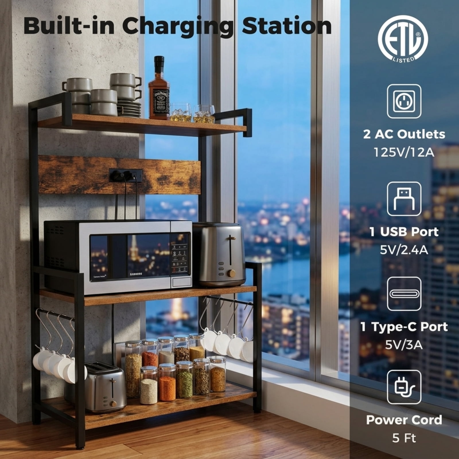 RUIE 4-Tier Kitchen Baker's Rack with Power Outlet and 8 S-Hooks, Industrial Coffee Bar Storage Shelf with ETL Charging Station, Rustic Brown