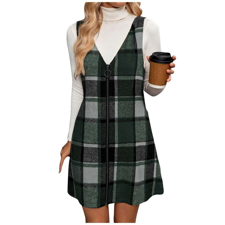 Aohooy Plaid Pinafore Dress Women Zip Up V Neck Sleeveless Jumper Dresses Flannel Wool Blend Skirts Green,XXL