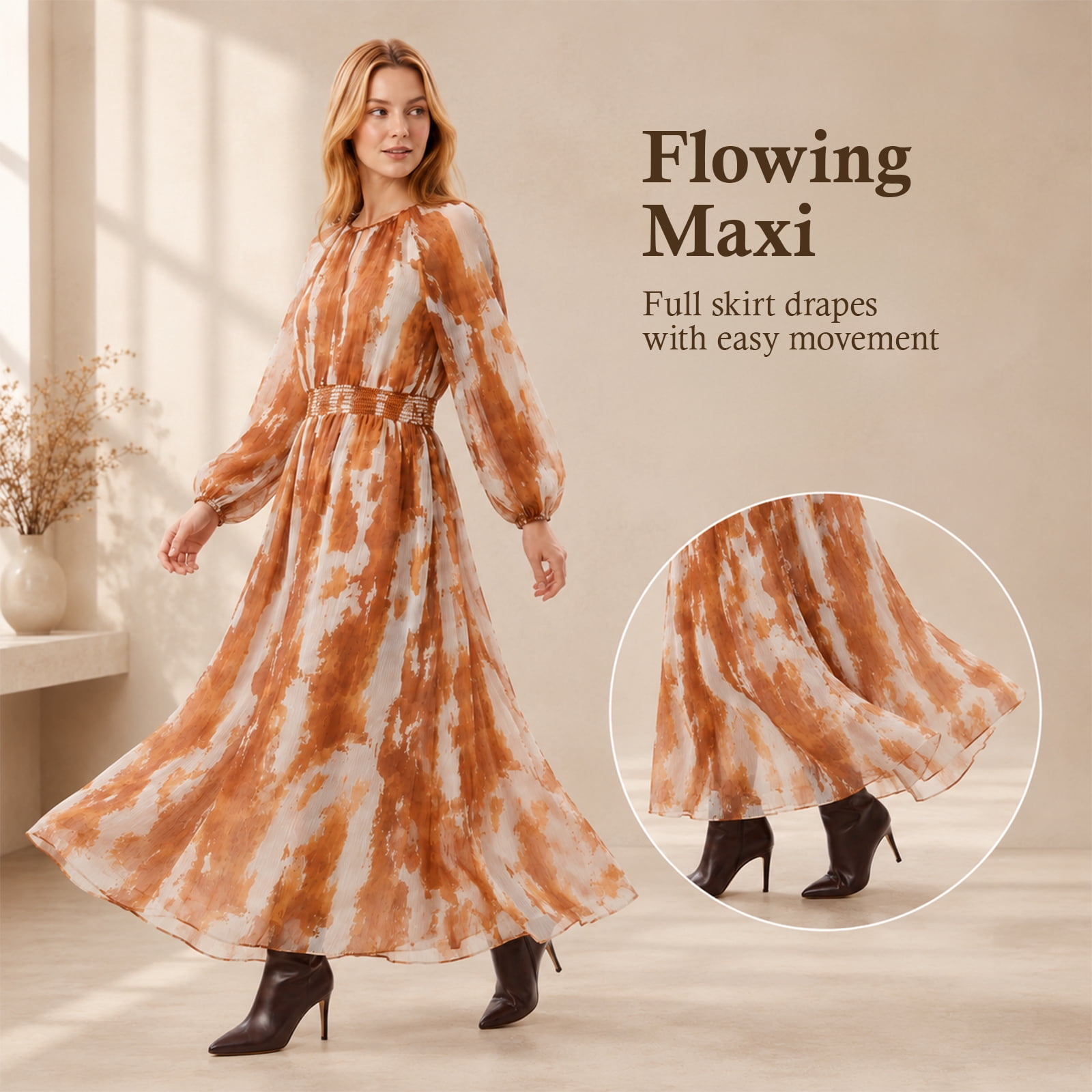 Alvantor Women's Smocked Waist Long Sleeve Maxi Dress, Orange Multi