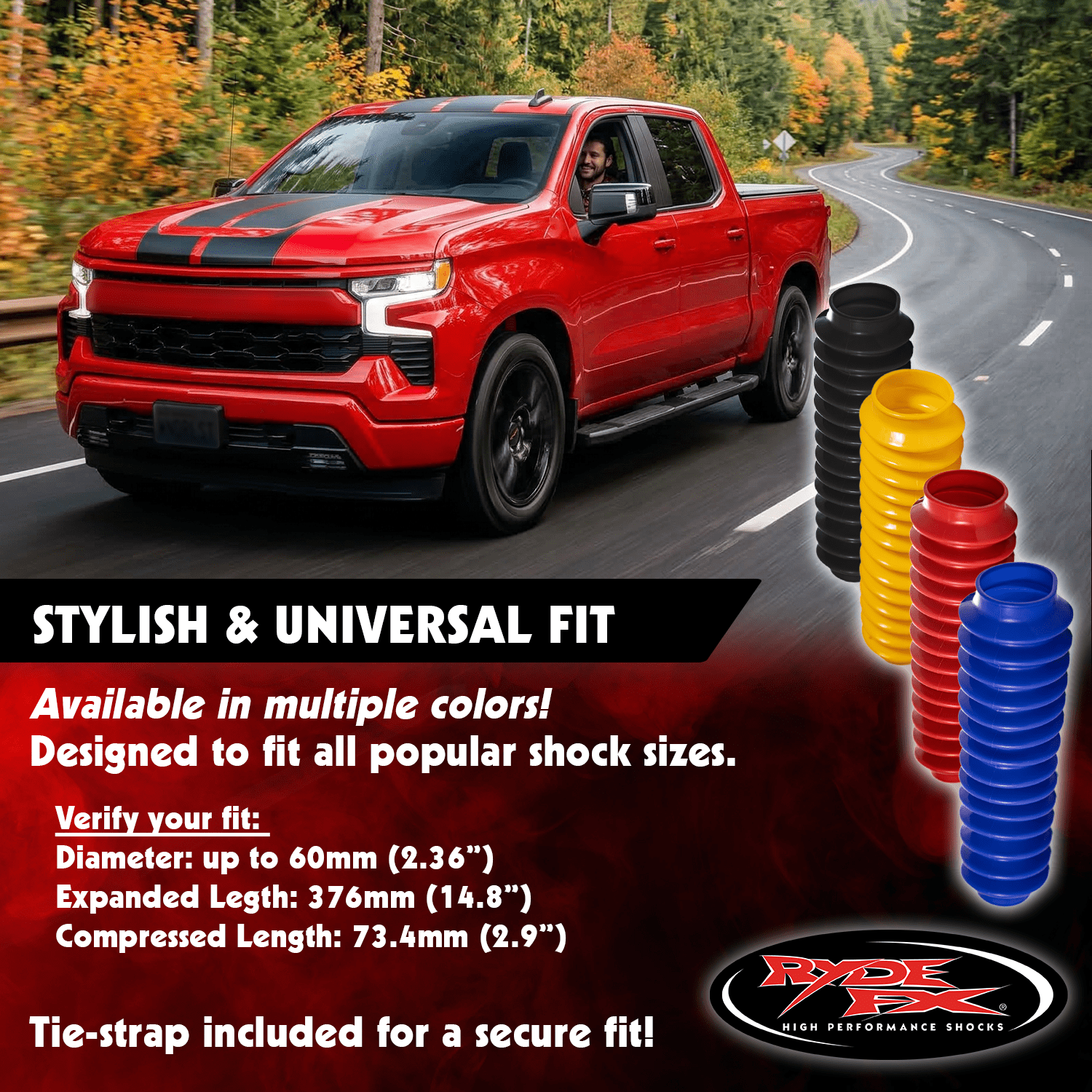 RYDE FX Strut & Shock Absorber Boot Bellows – Universal Fit, Up to 2.36 in (60 mm) Shock Body, 14.8 in (376 mm) Length, Flexible Polyvinyl Dust & Debris cover, Includes Tie Strap, Blue (Single)
