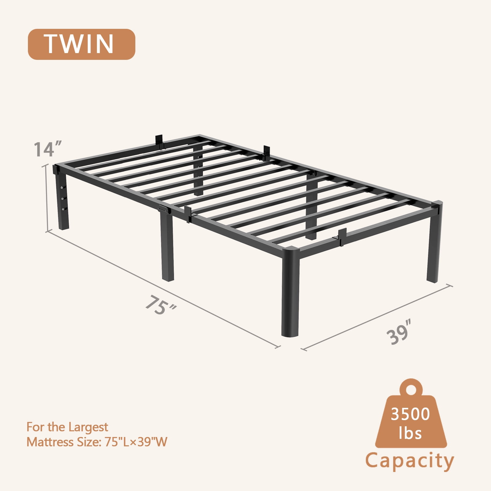 Fowroa Twin Bed Frame 14 in Heavy Duty Standard Bed Frames, Twin
