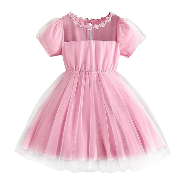 Wdgfv Robe d'Été pour Filles avec Col Rond et Manches Bouffantes Design pour Aventures Décontractées en Plein Air et Confort Rose 4-5 Ans